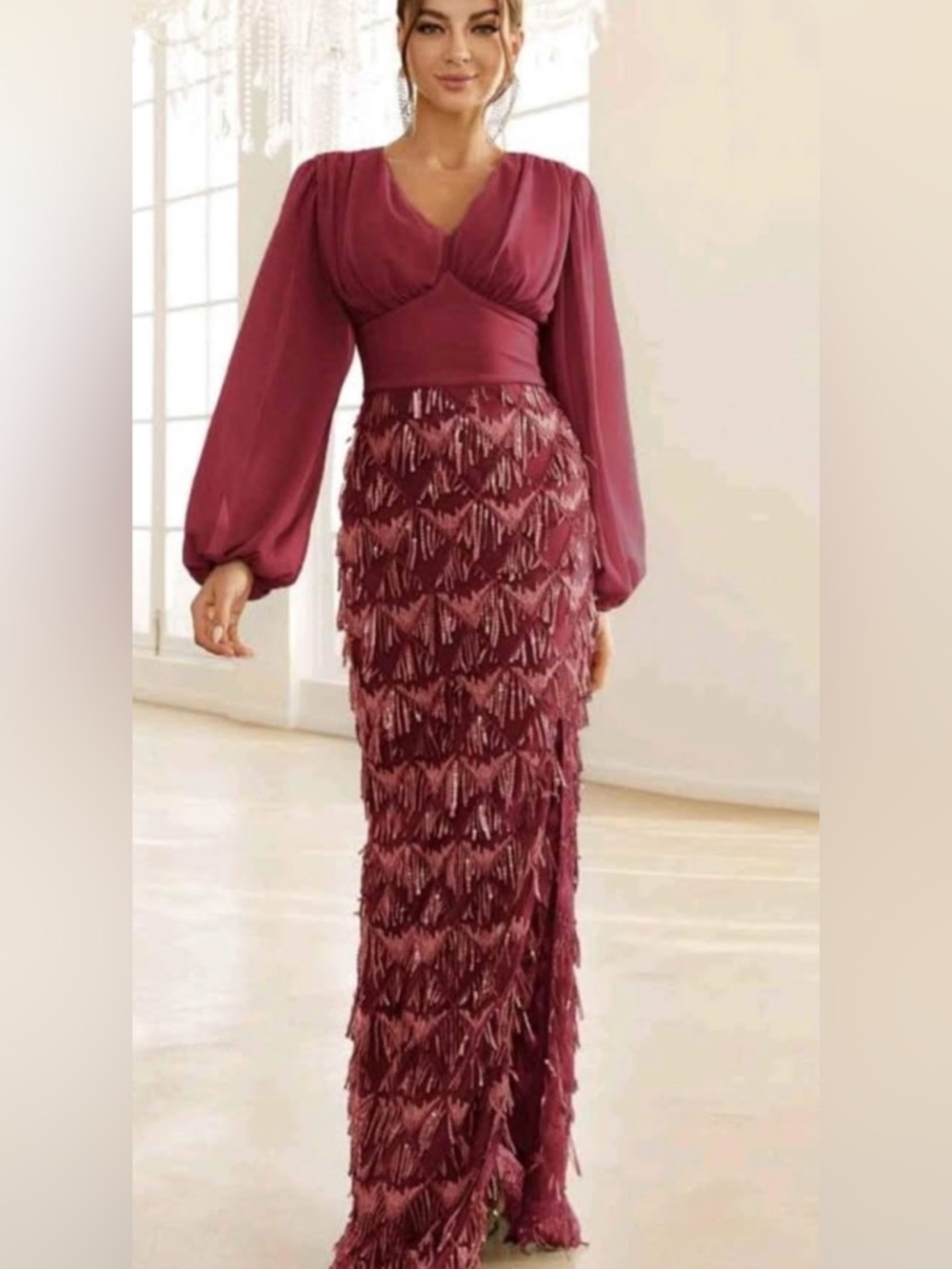 Burgundy Fringe Sequin Maxi Dress